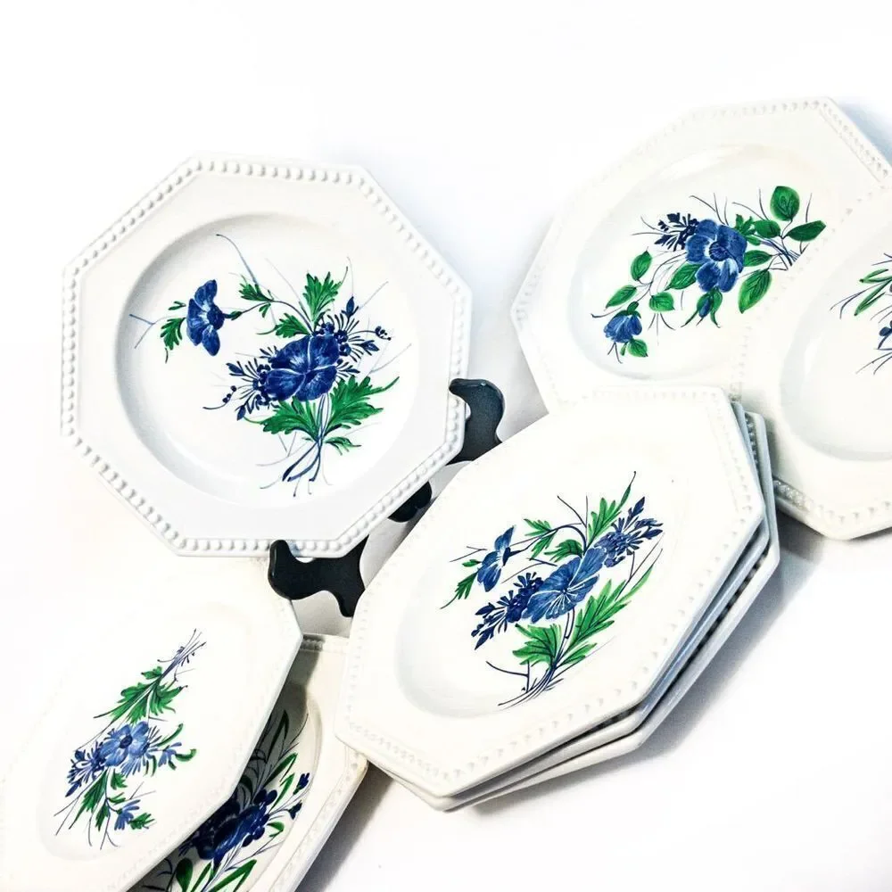 VTG Gialletti Pimpinelli Earthenware Plates Blue Floral Italy Set of 8